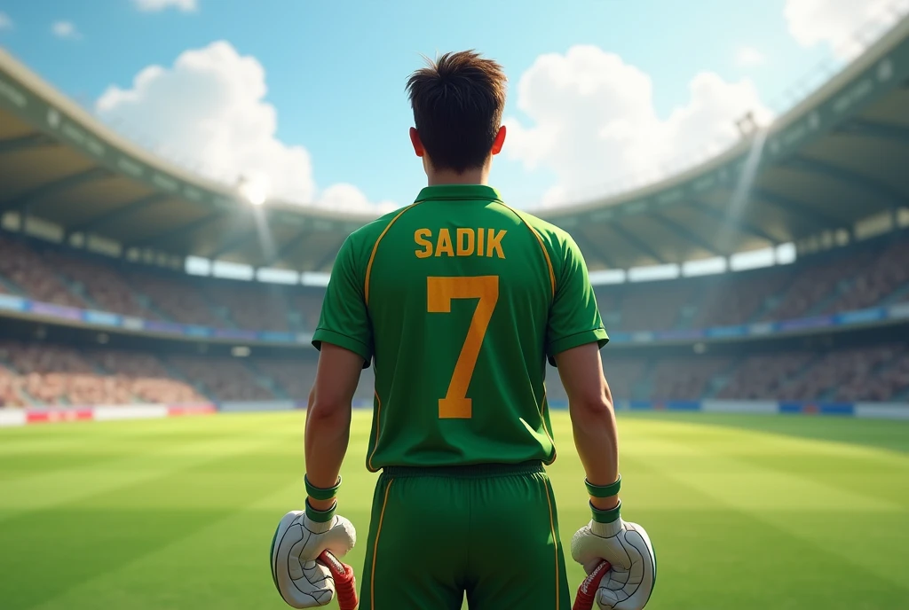 2 1 ager wearing a green jarsey in a cricket stadium holding cricket bat And the jarsey number is 7.Show the backside.show the name of jarsey Sadik