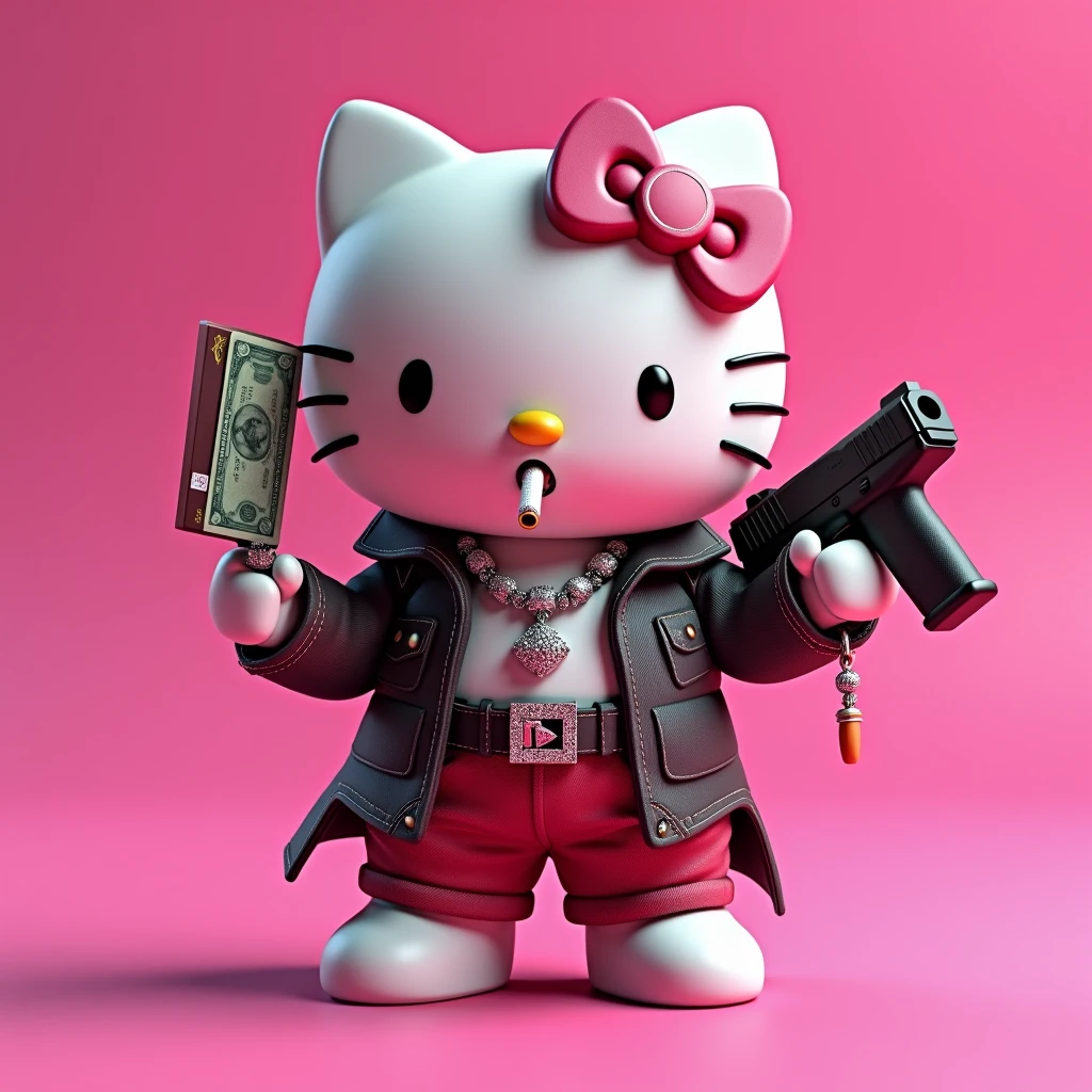 (Hello Kitty white) (3D format) Gangster, that in one hand he holds a credit card and in the other hand he has a black Glock raising his arm, that on the neck she has some diamond Cubans, that has a cigarette in his mouth. (Pink background)