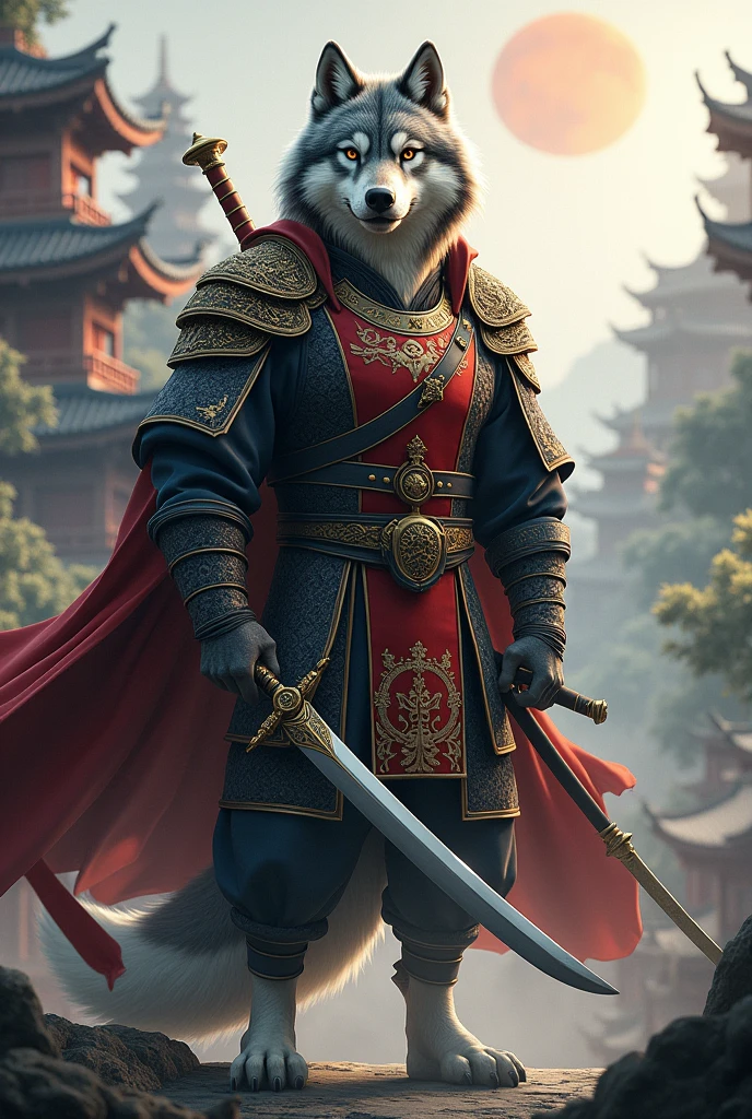 Wolf in a Asian military costume with sword