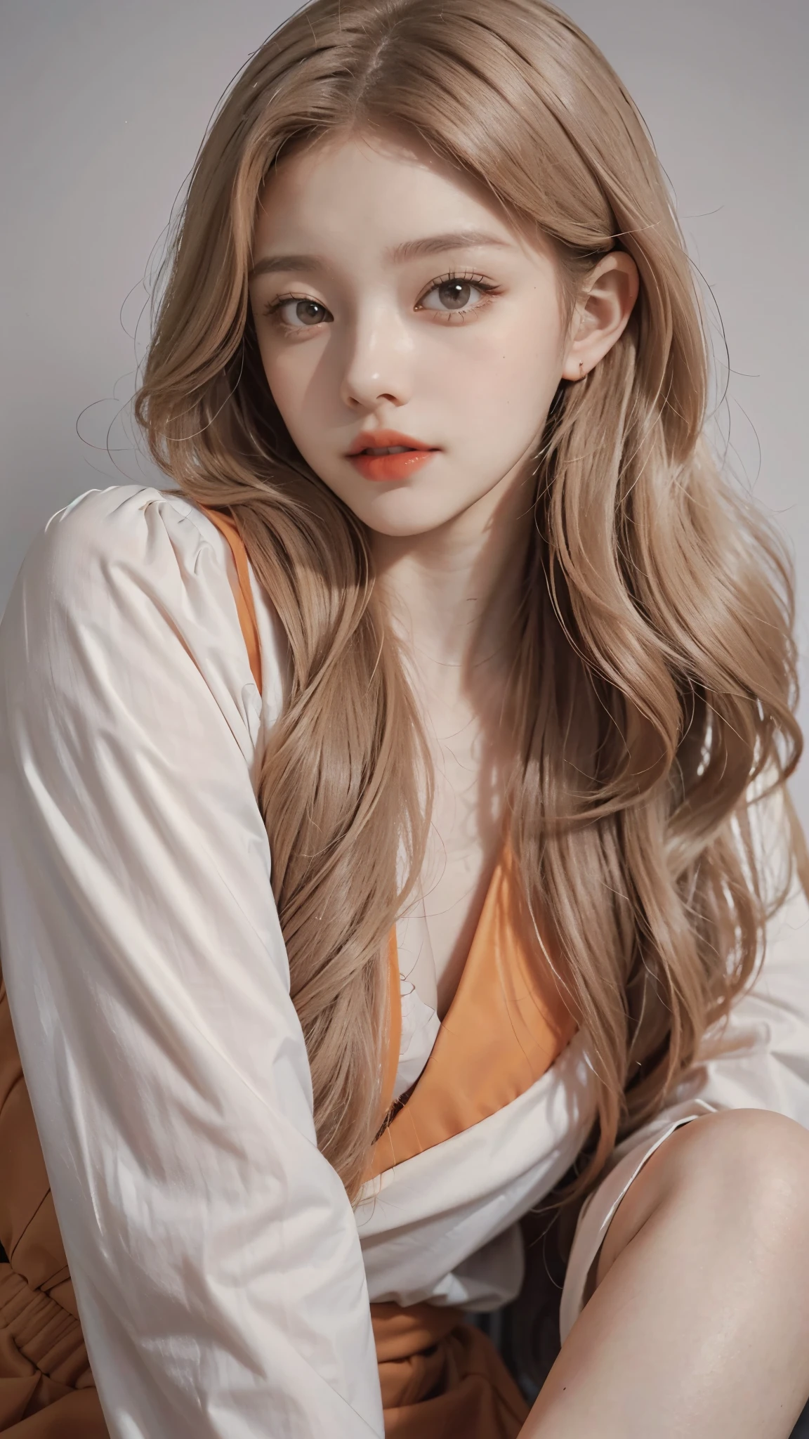 Girl wearing, luxury orange coat, shoulder length hair, wavy hair, glowing skin, star in eye, red lips, grey background, cute poses , upper body, light blonde hair.