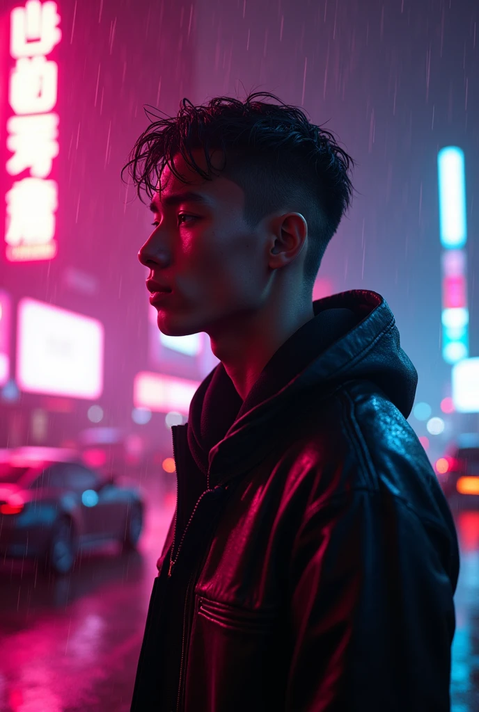 (​masterpiece, best quality, High resolution, 32K drive background, extremely detailed CG:1), (weak performance on stage:1.0), ((Andrew Garfield: 1.55 by cyberpunk:1.5 )),(( Cyberpunk Night City:1.4)), Neon signs futuristic cars,dark place heavy rain, ((wet clothes magenta neon lights illuminate the young man perfectly:1.45) . 32K