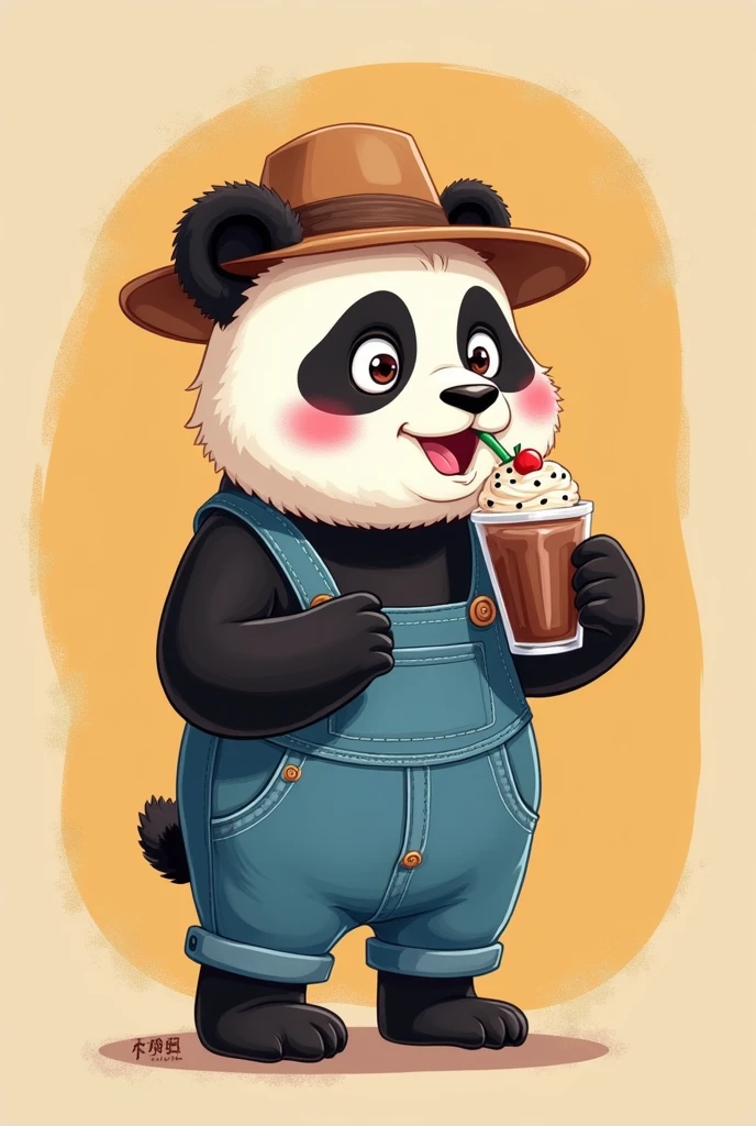 Panda in overalls with chocolate frappe and hat with 2d animation
