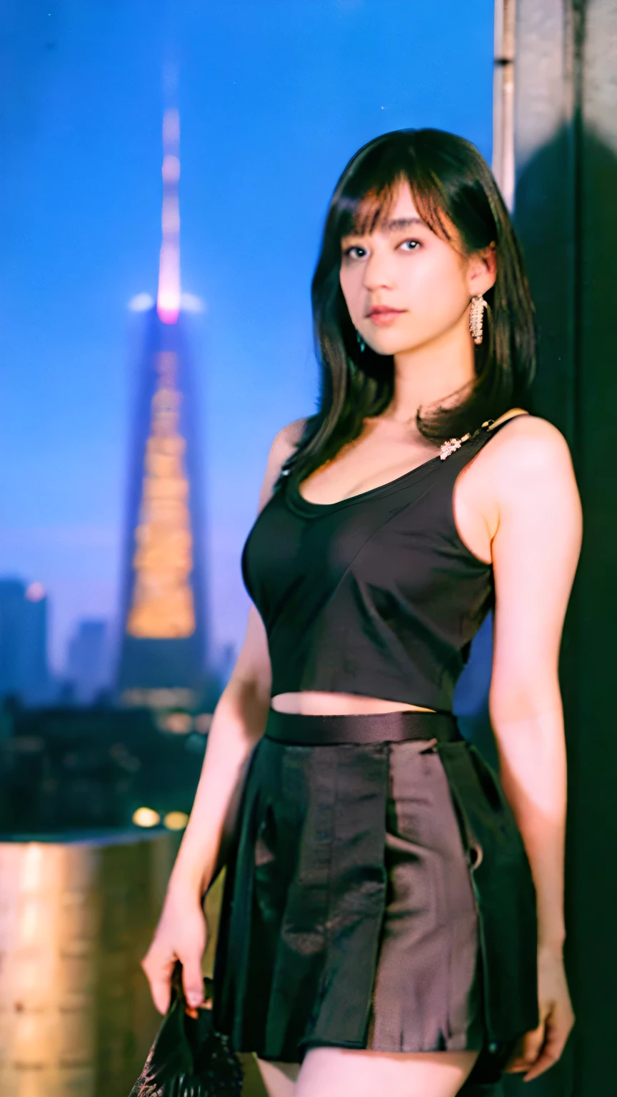High quality, Ultra detailed, best quality, insanely detailed, beautiful, Sad eyes, Black eyes, Straight hair with bangs, Black hair, Long Hair, Tank Top, Mini Skirt, Earrings, Sneakers, Slender, busty, emphasis chest, Skyscrapers tower into the night sky, neon-lit metropolis,
