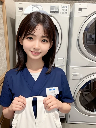 Japanese female, (underweight), (medium bust best quality:1.0), 30 years old, (cheerful grin:1.0),
drying laundry