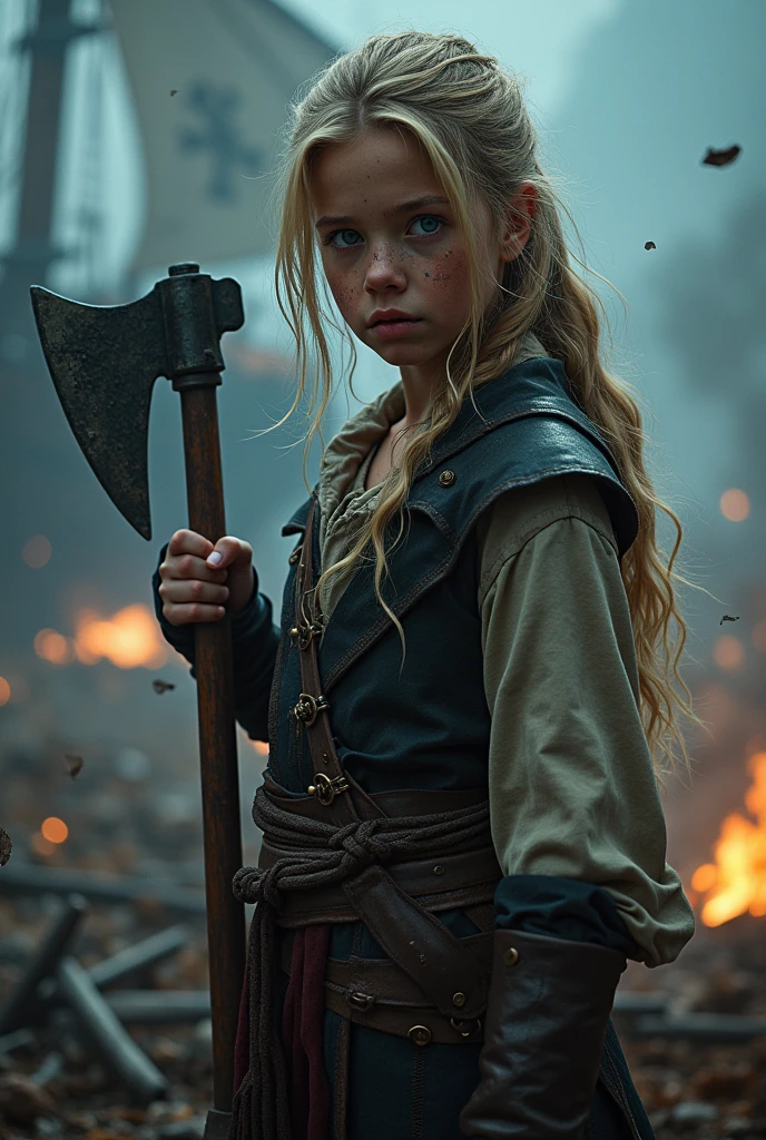 (good quality:1.2), (Ultradetailed:1.2), (ultradetailed face:1.2), (detailed blue eyes:1.2), (ultradetailed body:1.2), young girl with an axe, blonde hair, scars, pirate, black ship, night, battlefield, fire in the background