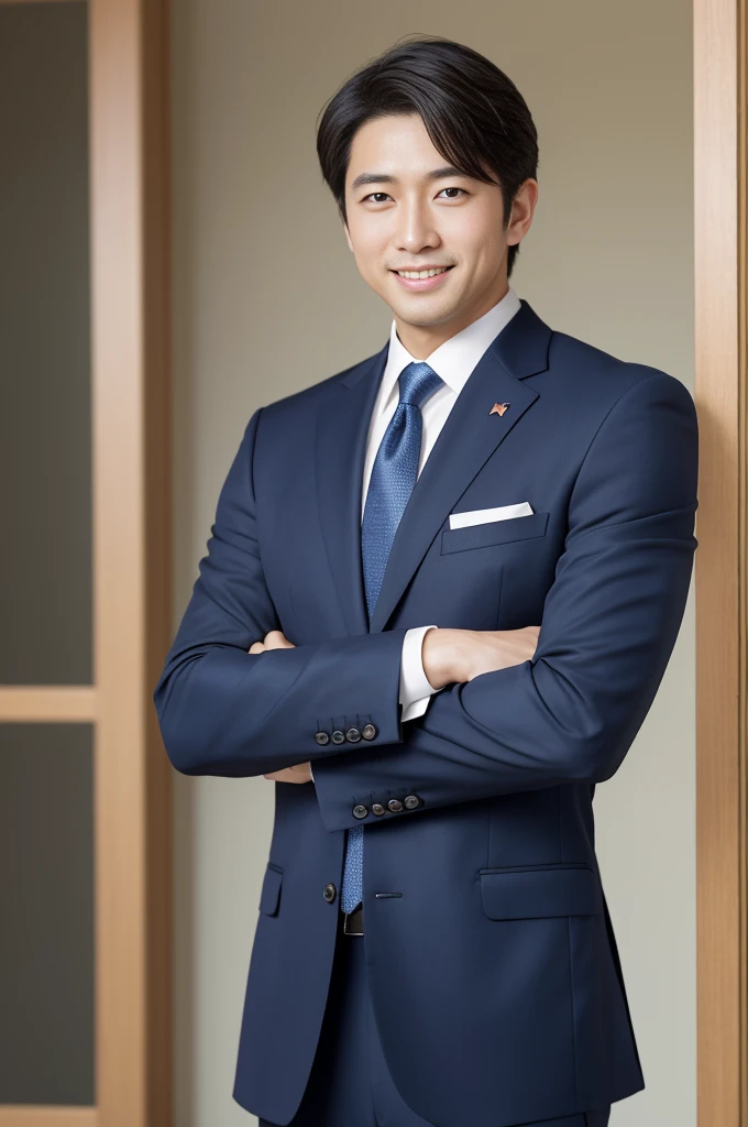 8k、Highest quality、Ultra-detailed、masterpiece、Realistic、Photo realistic、Japanese、Handsome man、5、Happy young Japanese businessman president、Very attractive businessman, Elegant costumes and halls々Stand with arms folded and a smile、The background is blurred、Big smile、Latest stylish suits 、Medium Hair、