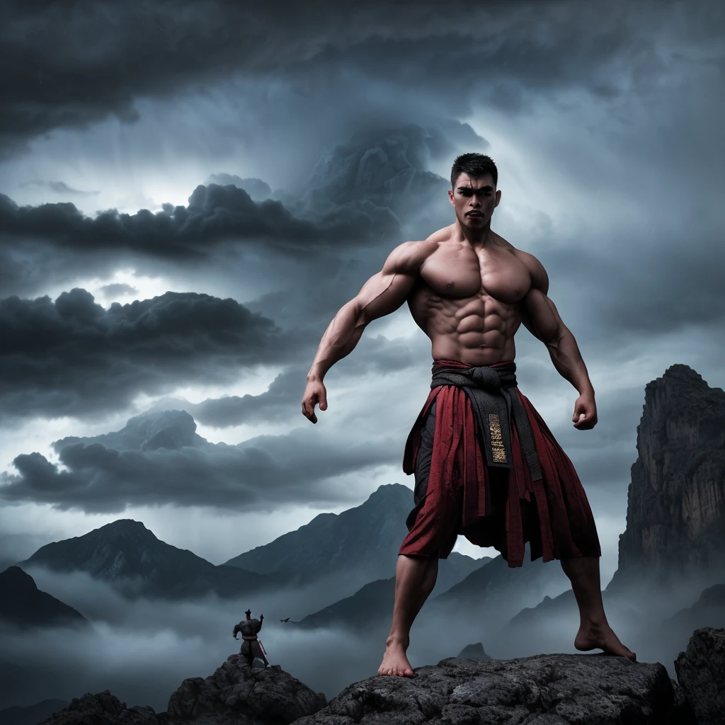 a muscular man in a traditional pencak silat outfit, standing firmly in a dramatic battle-ready pose in front of a towering mountainous landscape, dark storm clouds swirling ominously in the night sky, intense lightning flashes illuminating the scene with dramatic chiaroscuro lighting, highly detailed and photorealistic rendering, cinematic composition, epic and powerful atmosphere, dark moody color palette with dramatic shadows and highlights, extremely detailed facial features and expression conveying intensity and determination