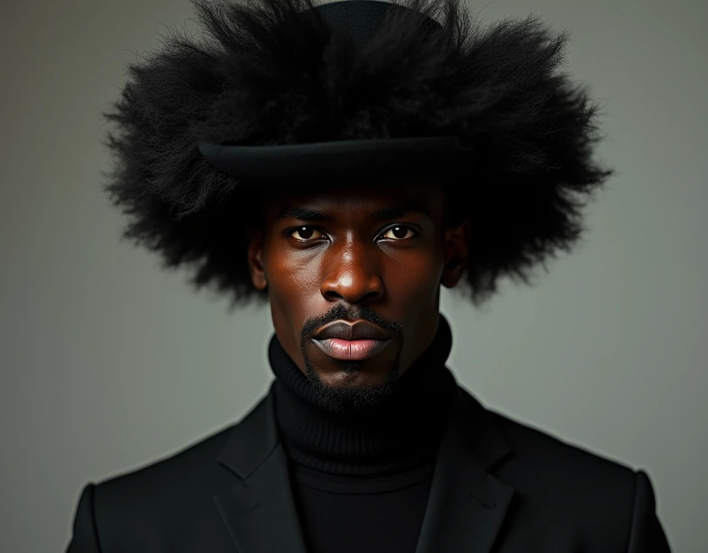 A black man wearing a fluffy black hat