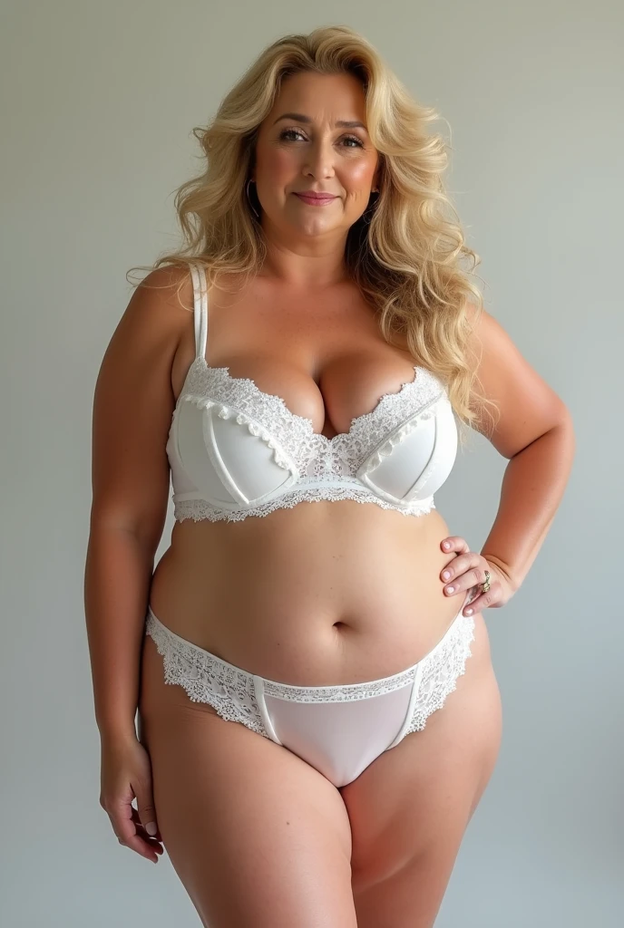 Realistic big ass woman in white lingerie , blonde, very curly, matures 70 years