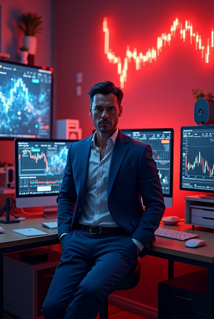 Computer and trading man stock market and bit coin and bill strategy and setup five computerthat man's blue coat pants and big face and small house The writing on the wall is love is beautiful but trading is powerful red colour
