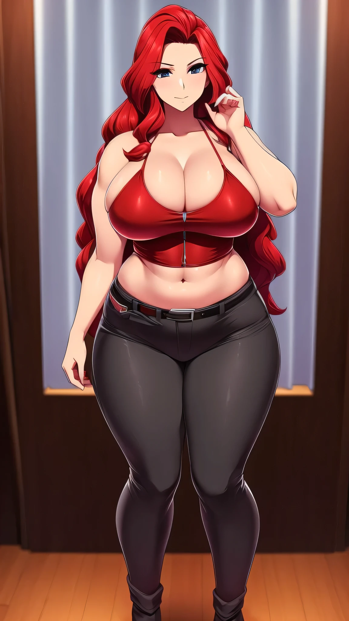  a tall, beautiful, and curvy woman with red wavy hair is depicted. She exudes happiness and sexiness, with a kind expression and striking red-tipped eyelashes. Her eye color is a captivating clear red. She is dressed in a stunning red corset top, revealing her navel, and a fitted gray pant with a black belt. Her outfit is completed by a pair of coffee-colored boots showcasing the character's detailed features and the dynamic