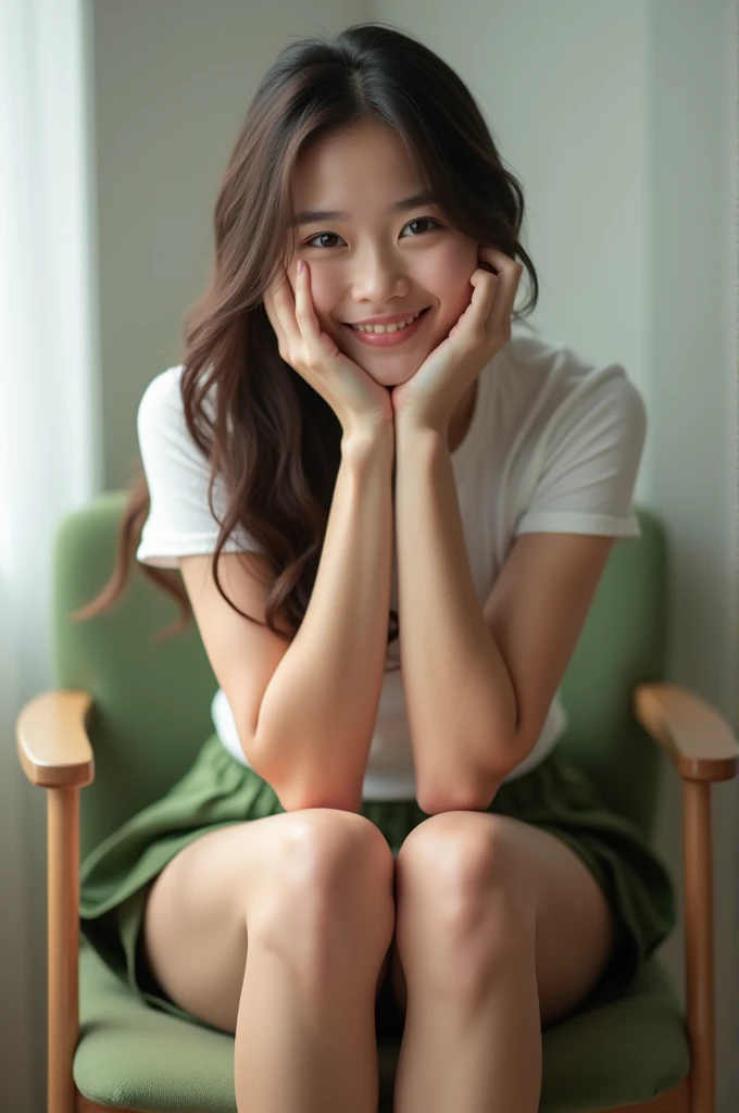 girl sitting on a chair, camera in front of her and on chair level, body is facing the camera, the girl is wearing white top and skirt, she has elbows on her knees and her face is resting on her hands, she is smiling, her knees are open and she is not wearing panties, her vagina is shaved and clearly visible, skirt is green and on thigh level, realistic, 4k