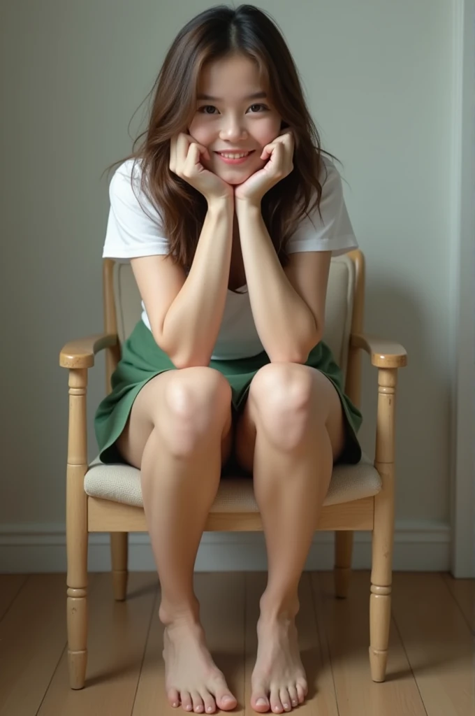 girl sitting on a chair, camera in front of her and on chair level, body is facing the camera, the girl is wearing white top and skirt, she has elbows on her knees and her face is resting on her hands, she is smiling, her knees are open and she is not wearing panties, her vagina is shaved and clearly visible, skirt is green and on thigh level, realistic, 4k