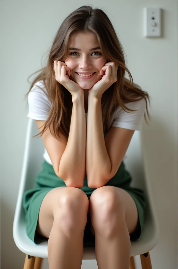 girl sitting on a chair, camera in front of her and on chair level, body is facing the camera, the girl is wearing white top and skirt, she has elbows on her knees and her face is resting on her hands, she is smiling, her knees are open and she is not wearing panties, her vagina is shaved and clearly visible, skirt is green and on thigh level, realistic, 4k