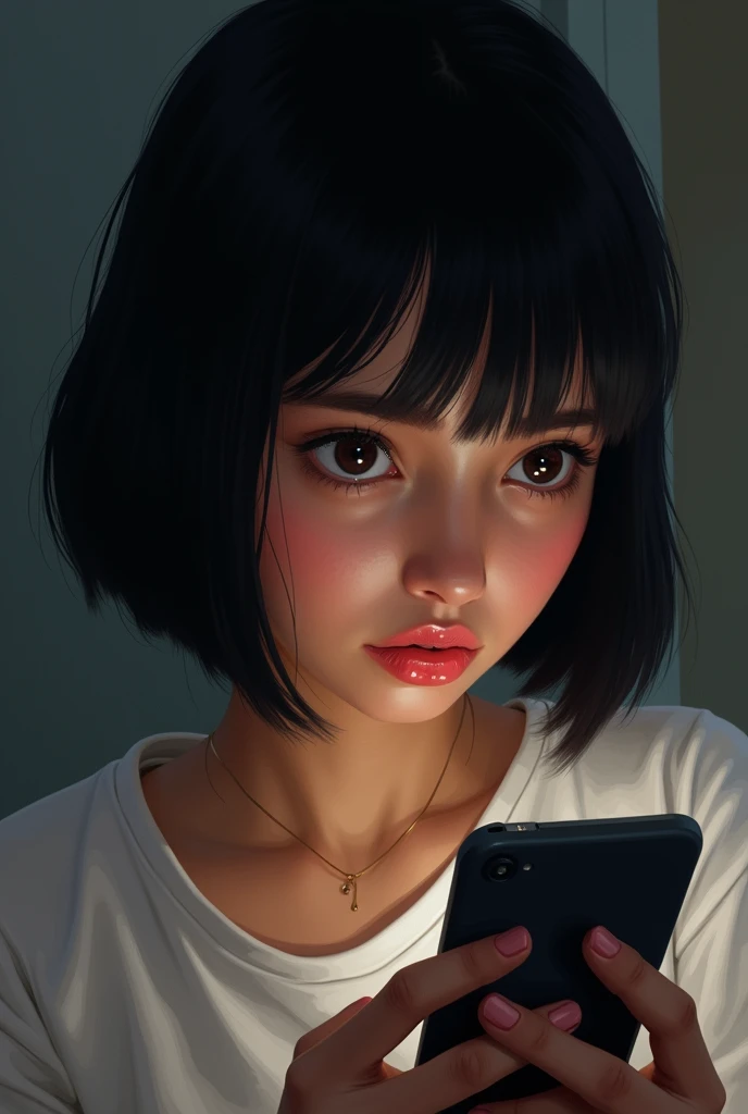 A brown girl with black hair,straight short with bangs discovered a betrayal through her boyfriend's cell phone,realisitic,The girl's lips are smudged from crying so much,boyfriend's cell phone in hand,realisitic