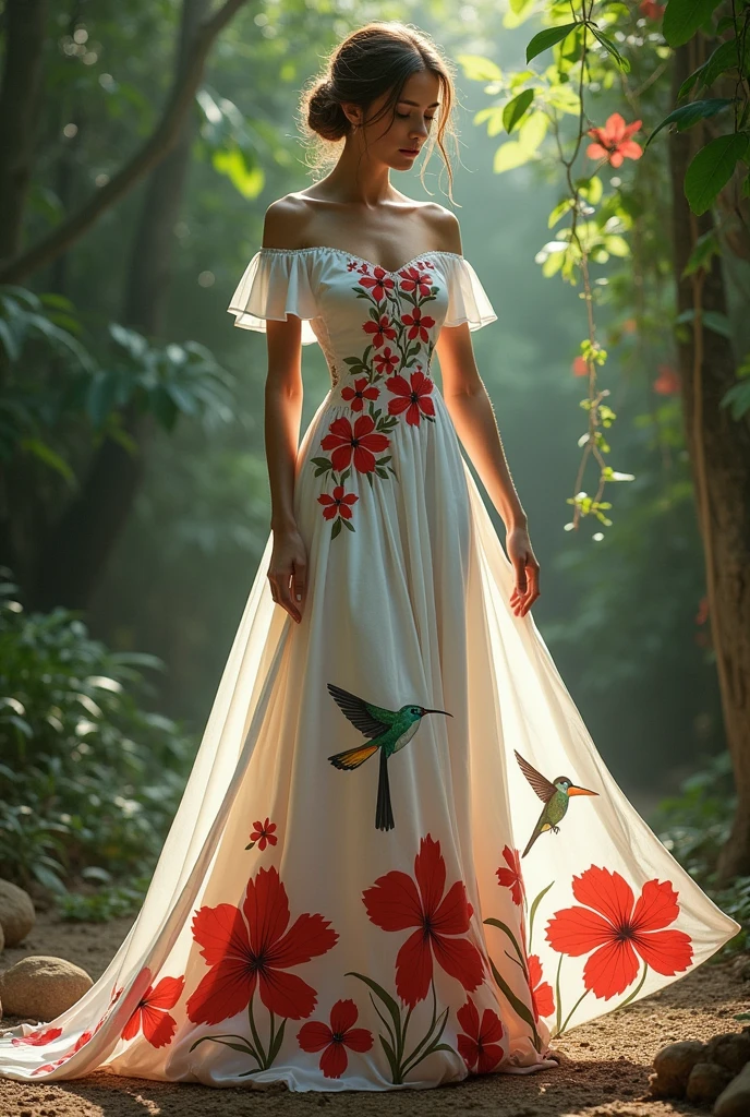 Long white dress with the red guara of Honduras, a hummingbird and toucan painted on the dress.