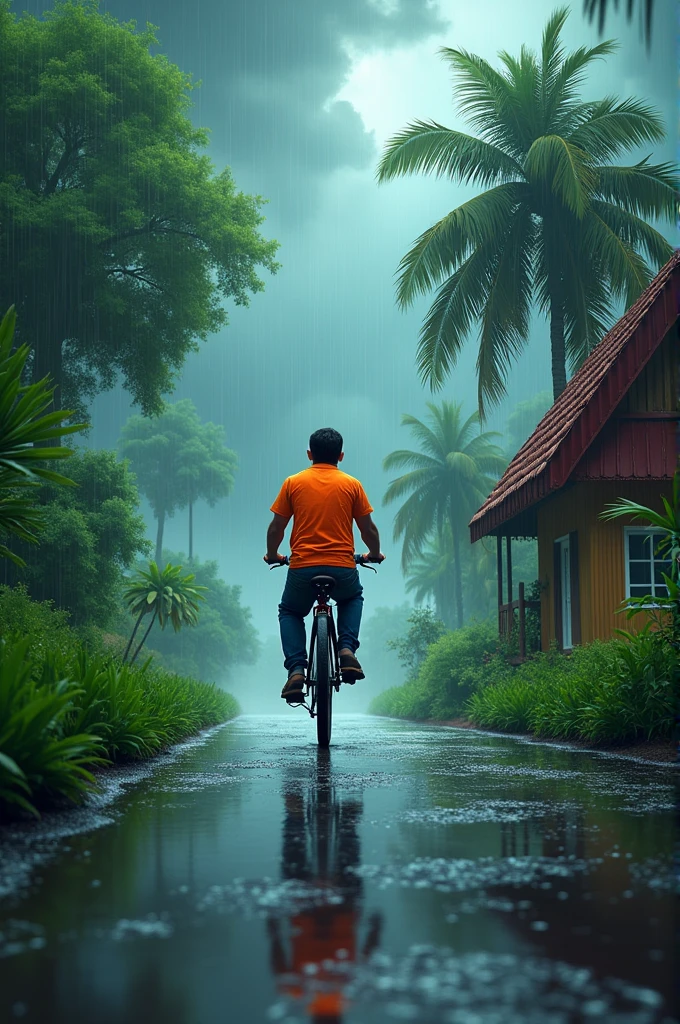 The image is a digital illustration of a person riding a bicycle on a wet road. The road is surrounded by lush greenery and palm trees. The sky is filled with dark clouds and raindrops, indicating that it is raining. The person is wearing an orange shirt and blue jeans and is riding a black bicycle. On the right side of the road, there is a small house with a red roof and a thatched roof. The ground is wet and there are puddles of water on the ground. The overall mood of the image is gloomy and rainy