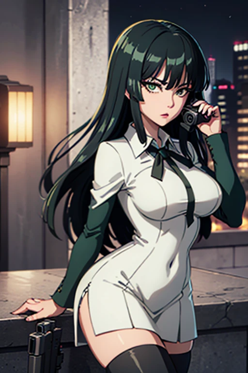 Highest quality、Ultra HD、One Woman、(Dark green long hair 1.3)、(White Suit 1.3)、(White tight skirt 1.3)、(Black tie)、(Black loafers 1.1)、((tall))、((1 who has a gun.2))、(Large Breasts)、(Black knee-highs 1.2)、(Beautiful face with sharp eyes 1.2)、40-year-old woman、Slender body、(Night city background 1.2)、((Clear and beautiful touch))