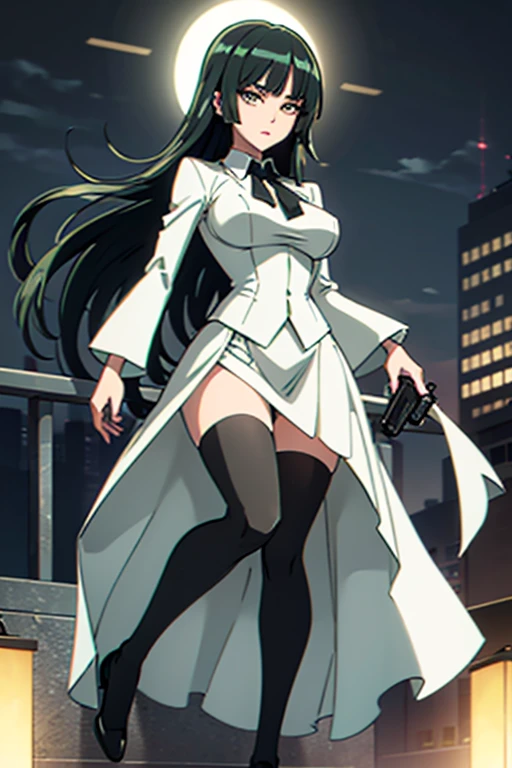 Highest quality、Ultra HD、One Woman、(Dark green long hair 1.3)、(White Suit 1.3)、(White tight skirt 1.3)、(Black tie)、(Black loafers 1.1)、((tall))、((1 who has a gun.2))、(Large Breasts)、(Black knee-highs 1.2)、(Beautiful face with sharp eyes 1.2)、40-year-old woman、Slender body、(Night city background 1.2)、((Clear and beautiful touch))