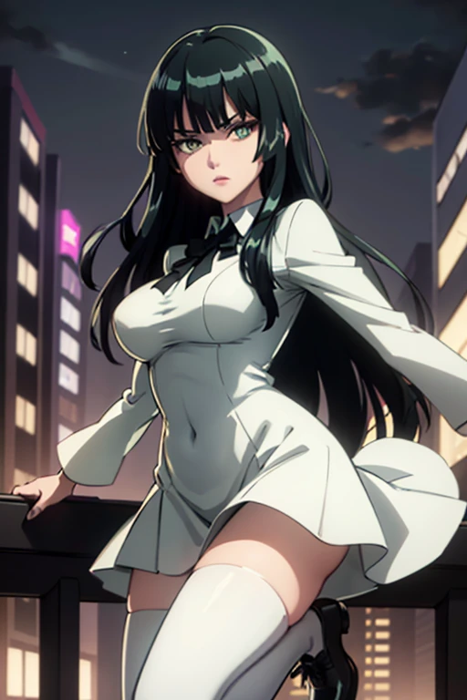 Highest quality、Ultra HD、One Woman、(Dark green long hair 1.3)、(White Suit 1.3)、(White tight skirt 1.3)、(Black tie)、(Black loafers 1.1)、((tall))、((1 who has a gun.2))、(Large Breasts)、(Black knee-highs 1.2)、(Beautiful face with sharp eyes 1.2)、40-year-old woman、Slender body、(Night city background 1.2)、((Clear and beautiful touch))