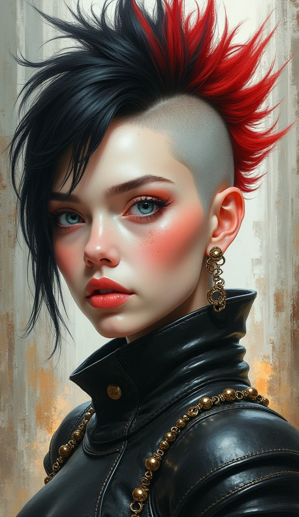 Highest quality, highest resolution, detailed depiction, delicate depiction, diverse lighting, black and red haired mohawk woman, majestic expression, viewer's gaze, realistic watercolor painting, photorealistic, sweet expression, incinerator, detailed background, femininity, translucent white skin, delicately drawn face, beautiful face, thin and light eyebrows, round chin, strong luster, end of the century woman, faithful depiction, slim abs, blue eyes, highest quality, masterpiece, ultra-high resolution, 8K, perfect beauty, heavy armor, black leather pants and inspector, tattered, broken building, strange world, mysterious world