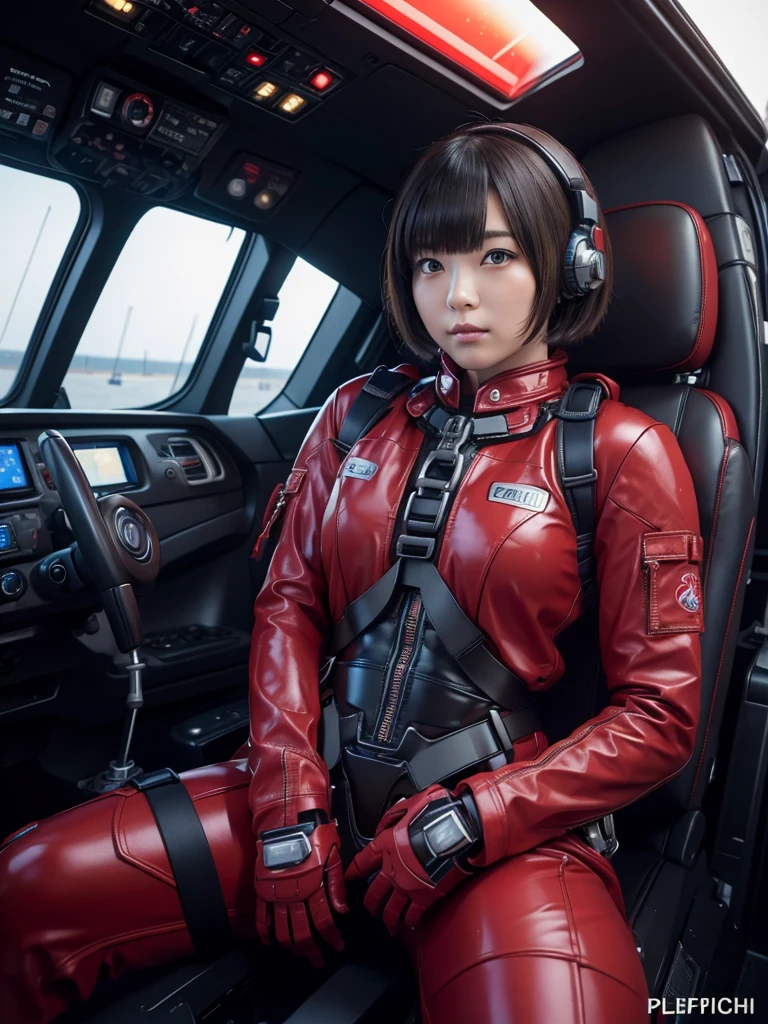 masterpiece, Highest quality, Very detailed, Japanese Android girl, Beautiful 2 Japanese woman, Plump,Control panel,Android,cyborg,Short Hair,Blunt bangs,Sitting in the cockpit,Red pilot suit,Strapped to the seat with a harness,