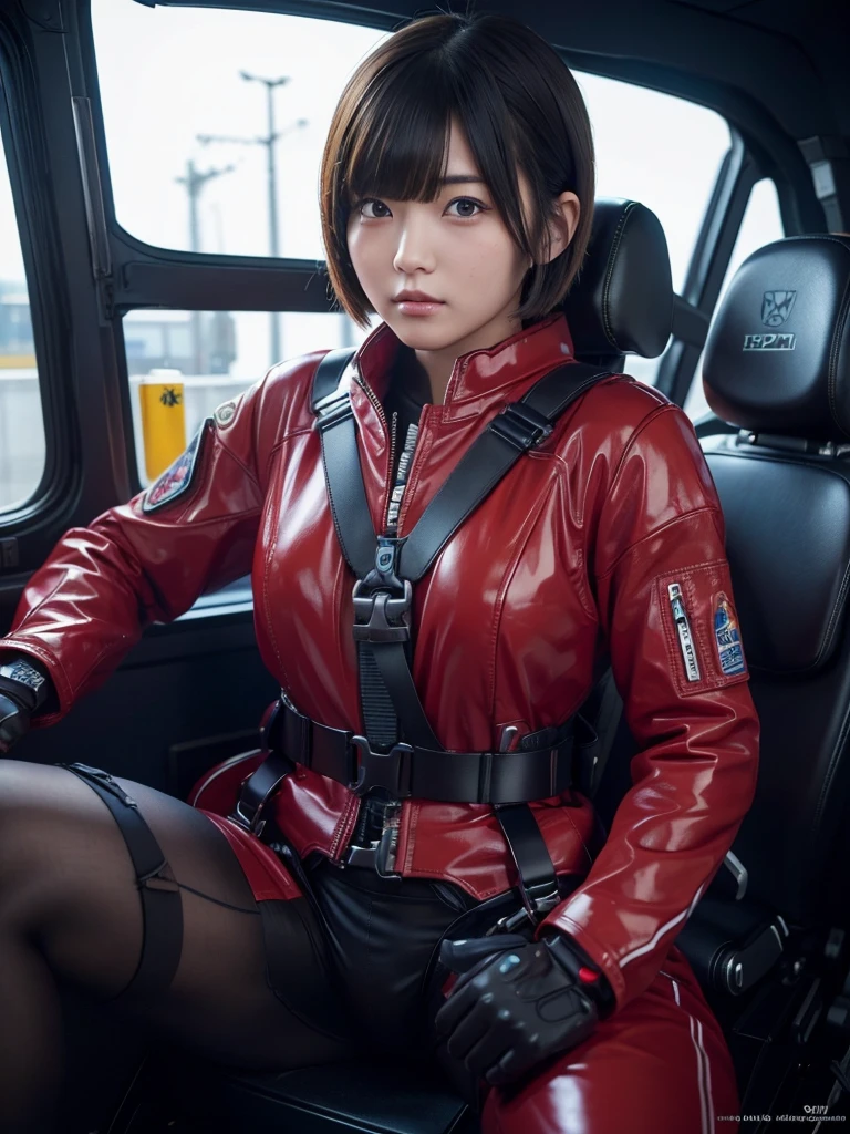 masterpiece, Highest quality, Very detailed, Japanese Android girl, Beautiful 2 Japanese woman, Plump,Control panel,Android,cyborg,Short Hair,Blunt bangs,Sitting in the cockpit,Red pilot suit,Strapped to the seat with a harness,