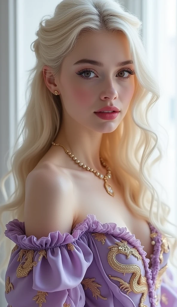 1 girl, full body shot (1.3),close up face shot (1.3), face shot, corridor,Soft Light, Targaryen Beauty,dress,Light-haired,long hair,
white background, gorgeous Targaryen girl, with thick and long wavy the palest of golden glossy hair, big and large round shaped dark purple like plums bright eyes, long and thick curly golden eyelashes, button upturned nose, high nose bridge, fullest and plumpest pouty red luscious lips, oval face shape, shorter face, shorter chin, tiny face size, pale milky white traslucent perfect skin, whitening skin, hourglass voluptuos shaped body, tiny and narrow waist, rounded hips, long and slender beautiful legs, big perfect brests (1.4), large breasts, bust size 84 cm, waist 57 cm, hips 86 cm, bra size 34 D, tall at 5’7, full body image, ((perfect body proportions)), ((large breasts 1.3)), realistic, photorealistic, ultradetailed, skin texture, hyperealismHigh Resolution, Closed Mouth, highly detailed, high resolution 8K, wearing a Targaryen inspired princess dress with intricate golden dragons dancing sewed on the purple-lilla dress dress highliting her horglass body, detailed jewlry, 18-years-old