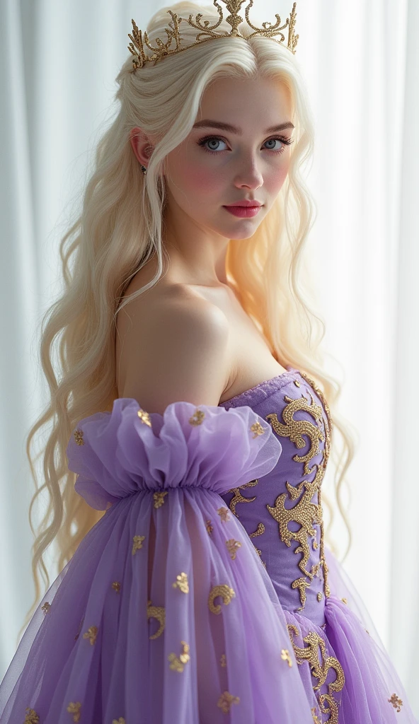 1 girl, full body shot (1.3),close up face shot (1.3), face shot, corridor,Soft Light, Targaryen Beauty,dress,Light-haired,long hair,
white background, gorgeous Targaryen girl, with thick and long wavy the palest of golden glossy hair, big and large round shaped dark purple like plums bright eyes, long and thick curly golden eyelashes, button upturned nose, high nose bridge, fullest and plumpest pouty red luscious lips, oval face shape, shorter face, shorter chin, tiny face size, pale milky white traslucent perfect skin, whitening skin, hourglass voluptuos shaped body, tiny and narrow waist, rounded hips, long and slender beautiful legs, big perfect brests (1.4), large breasts, bust size 84 cm, waist 57 cm, hips 86 cm, bra size 34 D, tall at 5’7, full body image, ((perfect body proportions)), ((large breasts 1.3)), realistic, photorealistic, ultradetailed, skin texture, hyperealismHigh Resolution, Closed Mouth, highly detailed, high resolution 8K, wearing a Targaryen inspired princess dress with intricate golden dragons dancing sewed on the purple-lilla dress dress highliting her horglass body, detailed jewlry, 18-years-old