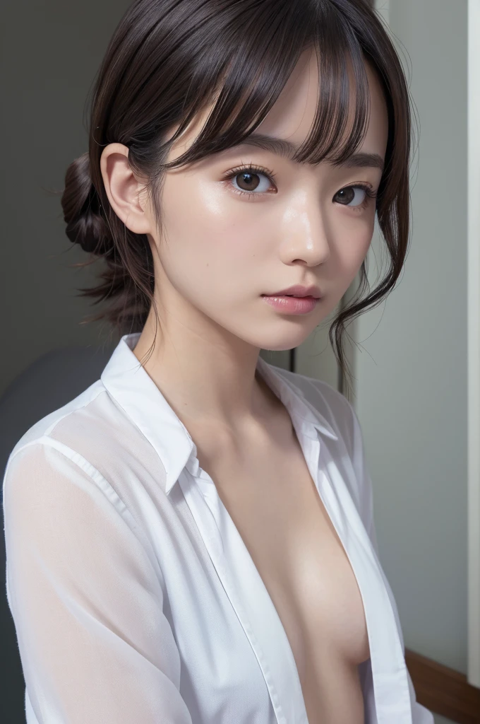 (best quality, 4K, 8k, highres, masterpiece:1.2), ultra-detailed, (realistic, photorealistic, photo-realistic:1.37), hyper detailed, extremely detailed, intricate details, sharp focus, physically-based rendering, professional, vivid colors, studio lighting、Japanese High School Girl、Natural Makeup、(Hair Color:Random)、middlehair、Inward curl、White shirt、Open shirt、Emphasize cleavage、side boob、under boob、flat breasts