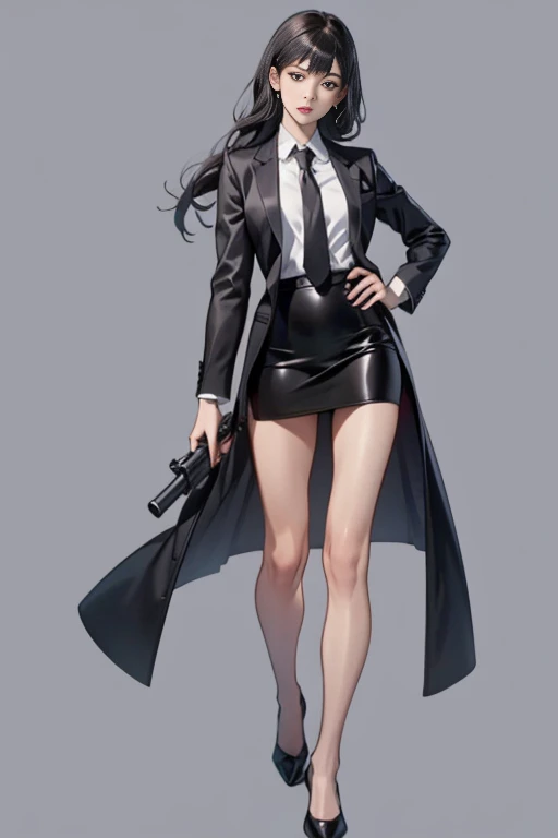 Highest quality、Ultra HD、One Woman、(long black hair 1.3)、(Black Suit 1.3)、(shirt)、(Black tight skirt 1.1)、(Slender body)、((1 who has a gun.5))、(Beautiful face with slits 1.2)、(Black leather shoes 1.2)、Large Breasts、tall、(Daytime city background 1.2)、((Clear and beautiful touch))、(3 Asian woman)