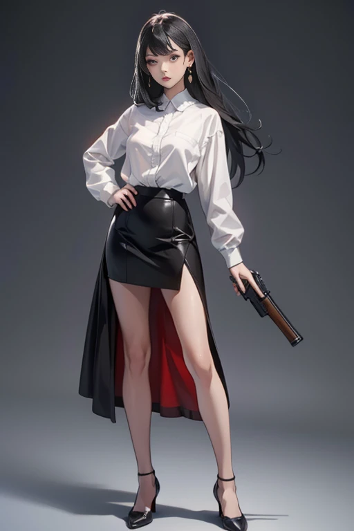 Highest quality、Ultra HD、One Woman、(long black hair 1.3)、(Black Suit 1.3)、(shirt)、(Black tight skirt 1.1)、(Slender body)、((1 who has a gun.5))、(Beautiful face with slits 1.2)、(Black leather shoes 1.2)、Large Breasts、tall、(Daytime city background 1.2)、((Clear and beautiful touch))、(3 Asian woman)