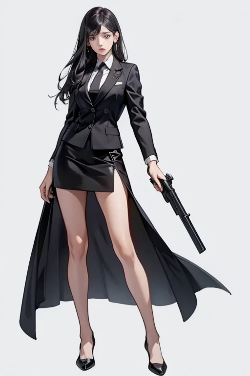 Highest quality、Ultra HD、One Woman、(long black hair 1.3)、(Black Suit 1.3)、(shirt)、(Black tight skirt 1.1)、(Slender body)、((1 who has a gun.5))、(Beautiful face with slits 1.2)、(Black leather shoes 1.2)、Large Breasts、tall、(Daytime city background 1.2)、((Clear and beautiful touch))、(3 Asian woman)