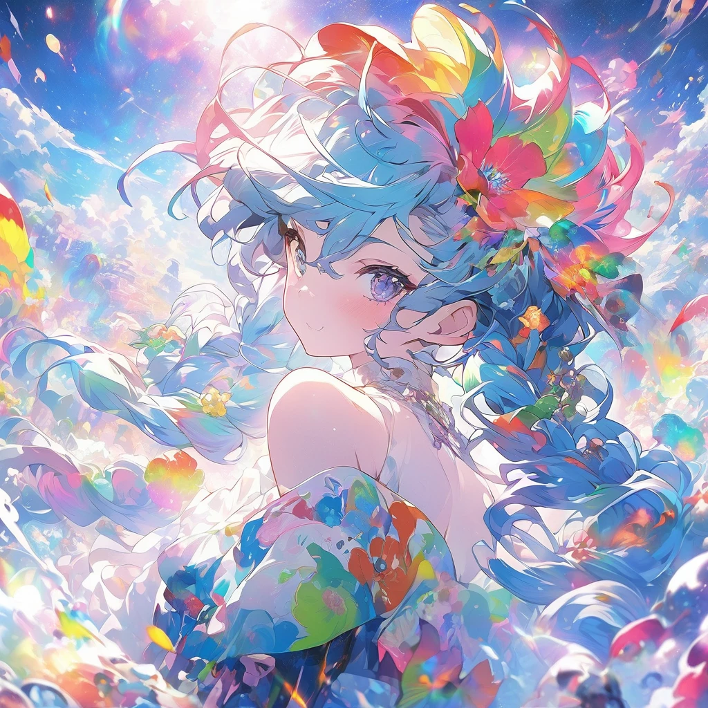 A sexy girl with blue hair and flowers in her hair, Fantasy psychedelic anime, Anime style 4k, Anime Abstract Art, Beautiful anime artwork, rich and colorful, Anime Art Wallpaper 4K, Anime Art Wallpaper 4K, official art works, Pathological complex, anime art wallpaper 8 k, Psychedelic LSD comics, Beautiful anime art, ufotable art style, Anime cute art style