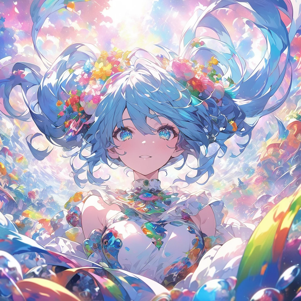 A sexy girl with blue hair and flowers in her hair, Fantasy psychedelic anime, Anime style 4k, Anime Abstract Art, Beautiful anime artwork, rich and colorful, Anime Art Wallpaper 4K, Anime Art Wallpaper 4K, official art works, Pathological complex, anime art wallpaper 8 k, Psychedelic LSD comics, Beautiful anime art, ufotable art style, Anime cute art style