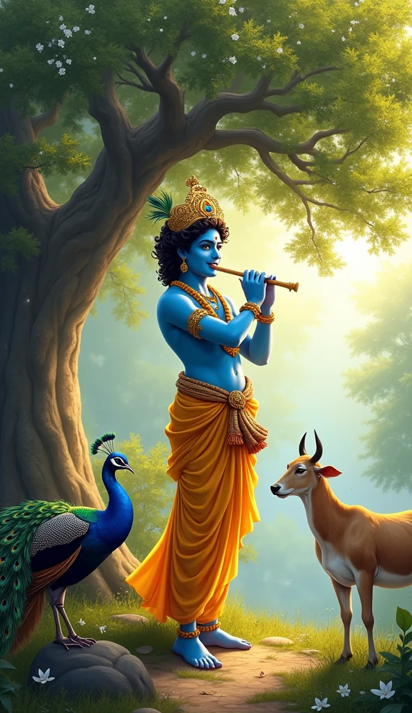 Create a detailed and vibrant image of Lord Krishna standing under a large, blooming tree in Vrindavan. He should have a serene smile, with blue skin, wearing a yellow dhoti, and adorned with a peacock feather crown. Krishna is holding a flute, playing melodiously, surrounded by adoring cows and colorful peacocks. The background should depict a peaceful forest with soft, golden sunlight filtering through the leaves. The atmosphere should be divine and ethereal, with a subtle glowing aura around Krishna."
