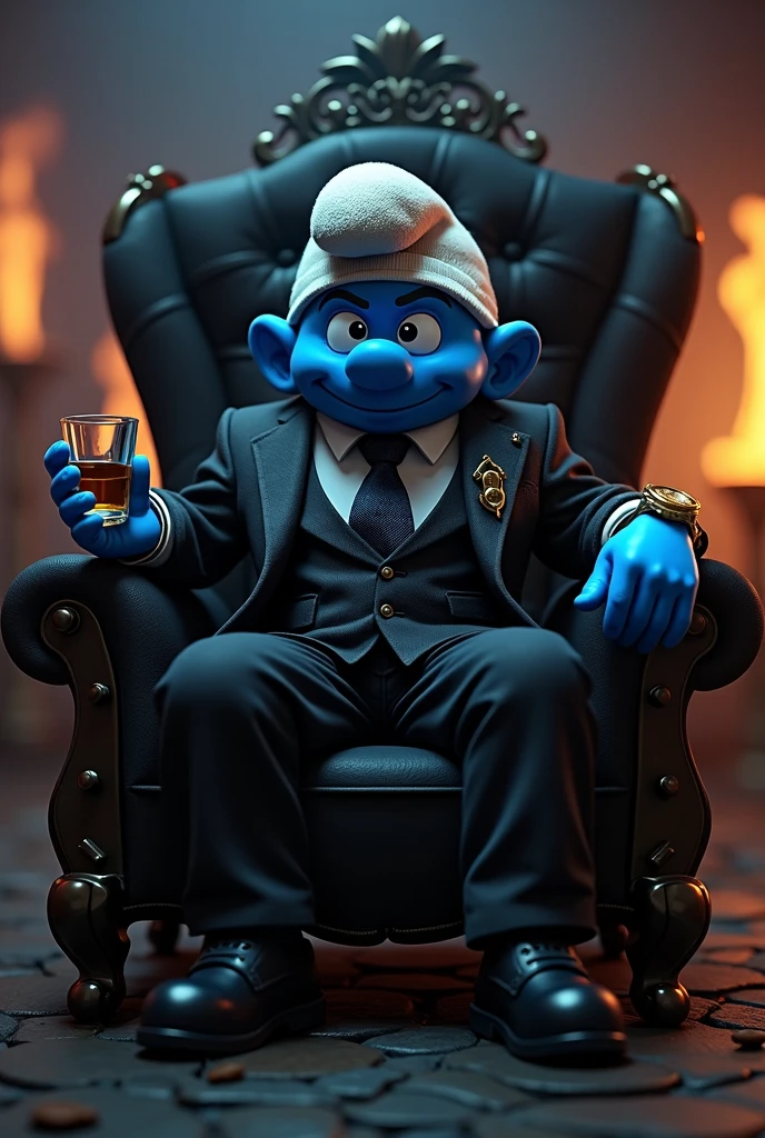 gangster smurf, gold watch, glass of whiskey, godfather ring, black throne with weapon resting on it, dark environment and fire behind
