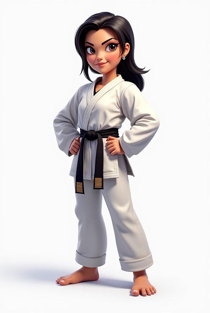 (Photorealism:1.2)cool woman, cool black hair, wear Taekwondo Uniform, Clench fists, Carrying them on the chestsmile, in a write backgound，handsome，draw ，Cartoon