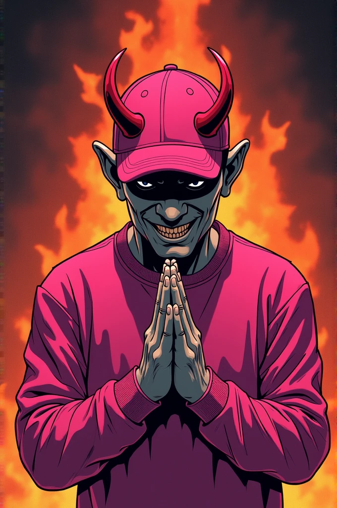 Drawing of a man person, with pink cap, pink sweatshirt, thinking maliciously, with hands together, with little red horns on his head and a fiery background 