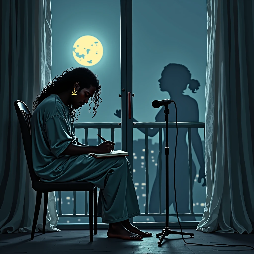 Generates an image of a dark-skinned man with long, wavy hair, sitting alone on a chair by his balcony. The man is immersed in the creation of poems, with a pen in his hand and an open notebook on his knees. The scene takes place on a calm night., illuminated by the light of a full moon visible through a large window. This soft, silver light bathes the room, casting subtle shadows that add depth and mystery to the scene. The man wears oversized clothing that hangs slightly from his body, emphasizing her relaxed and bohemian style. A dangling earring in the shape of a marijuana leaf shines on her ear, Capturing attention as a distinctive detail. at your side, A stand microphone is ready, suggesting that his words could be spoken aloud at any time. besides, A female shadow is perceived in the room, diffuse but present, which adds an air of enigma and emotional depth. At the top of the image, The title 'Moongirl' should be written in large letters, with a worn and aged style, as if they had been stamped long ago, bringing a touch of nostalgia and melancholy to the overall composition