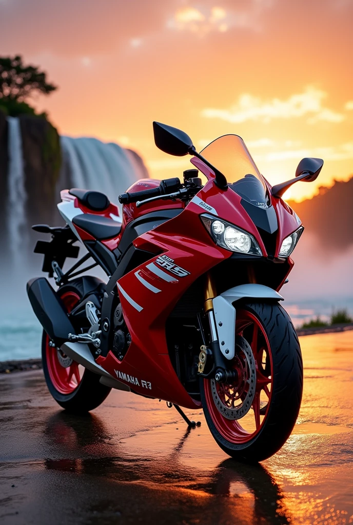 Yamaha R15 version 3 bike colour red and white in sunset and waterfall