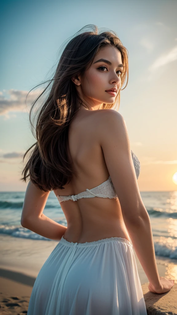 A serene woman with long flowing hair, standing proudly by the sea, sun-kissed skin, elegant yet whimsical expression, daylit scene, (best quality,4k,8k,highres,masterpiece:1.2),ultra-detailed,(realistic,photorealistic,photo-realistic:1.37),beautiful detailed eyes,beautiful detailed lips,extremely detailed eyes and face,longeyelashes,1girl,beautiful ocean landscape,dramatic lighting,golden hour lighting,soft pastel colors,ethereal,romantic,cinematic,highly detailed,intricate details,vivid colors,professional photography