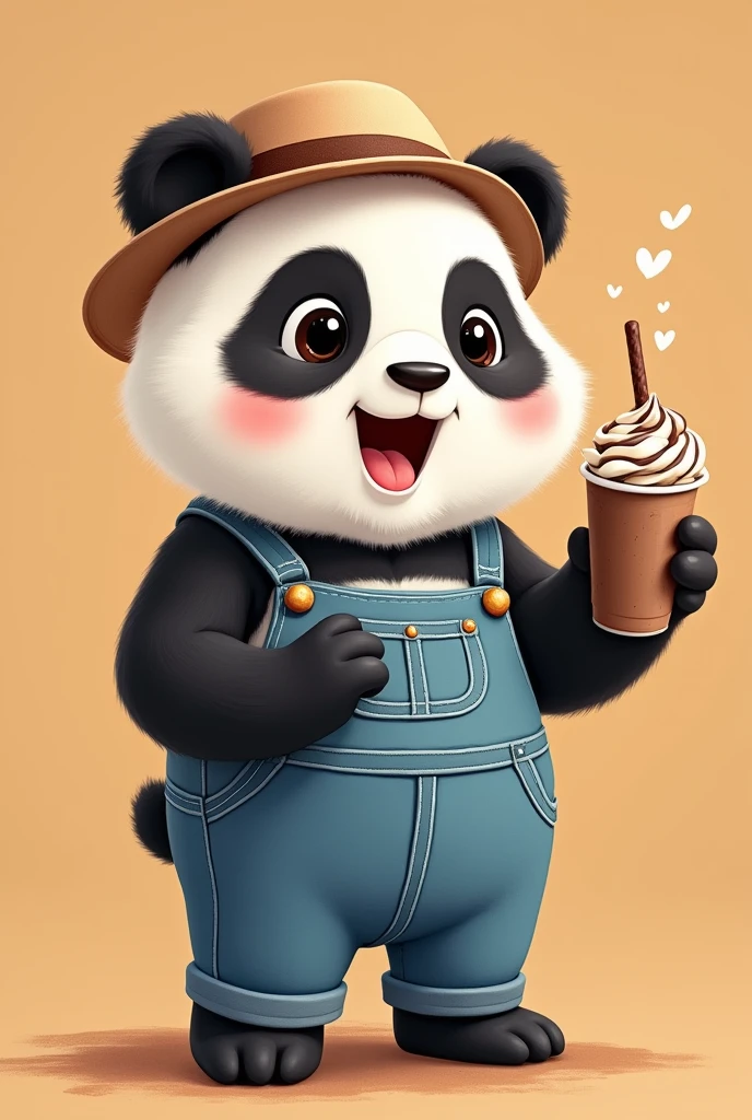 Panda in overalls with chocolate frappe and hat with 2d animation