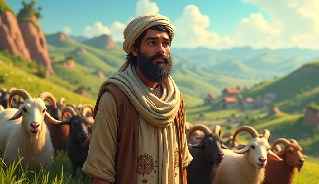 Animated image of a Muslim who has a skin disease herding goats