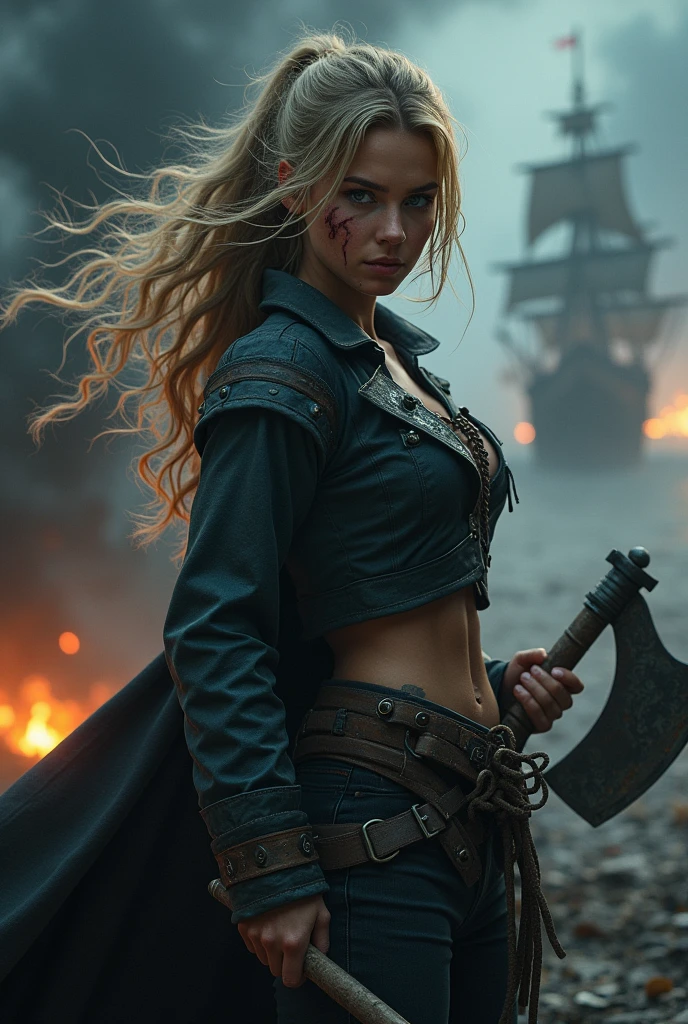 (good quality:1.2), (Ultradetailed:1.2), (ultradetailed face:1.2), (detailed blue eyes:1.2), (ultradetailed body:1.2), young woman with an axe, blonde hair, scars, pirate, black ship, night, battlefield, fire in the background