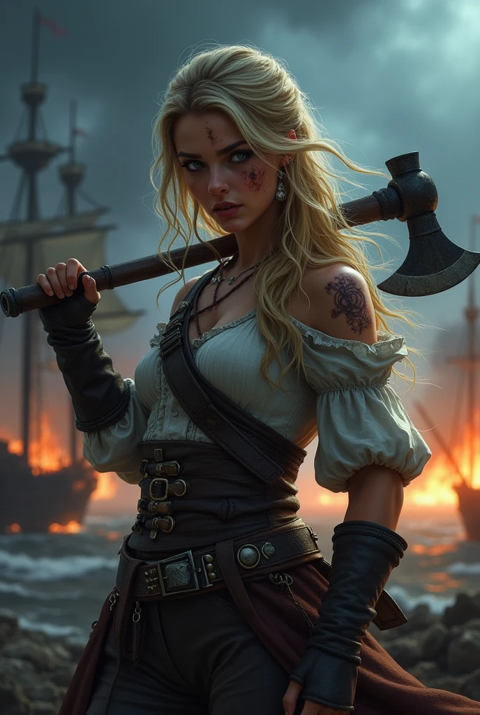 (good quality:1.2), (Ultradetailed:1.2), (ultradetailed face:1.2), (detailed blue eyes:1.2), (ultradetailed body:1.2), young woman with an axe, blonde hair, scars, pirate, black ship, night, battlefield, fire in the background