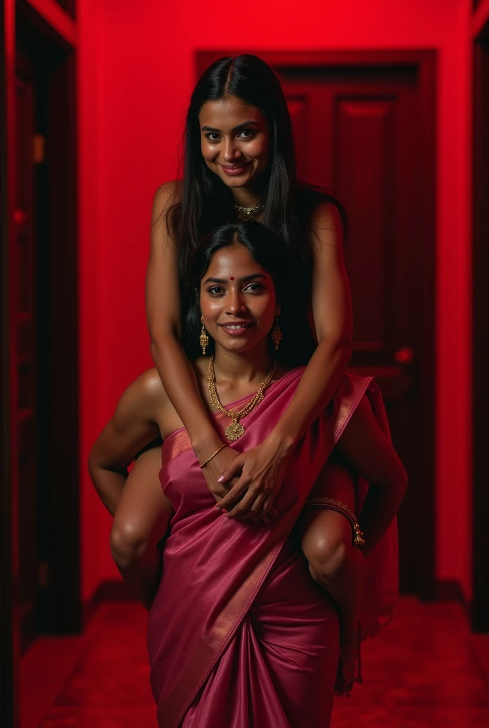 Beautiful and Slim sensual Indian woman in a dark pink silk saree lifting piggyback a large chubby man above her shoulders, man is sitting on woman's shoulders, in a red light room with high ceiling, natural smile, woman is looking into the camera , she is holding his hands, full body image 