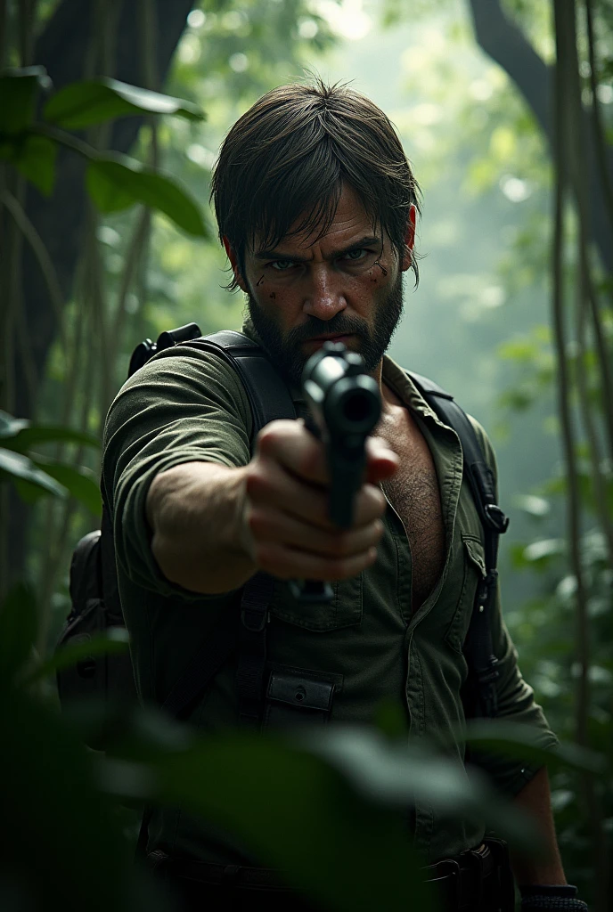 Joel the last of us game pose with revolver gun in hand in jungle asthetic