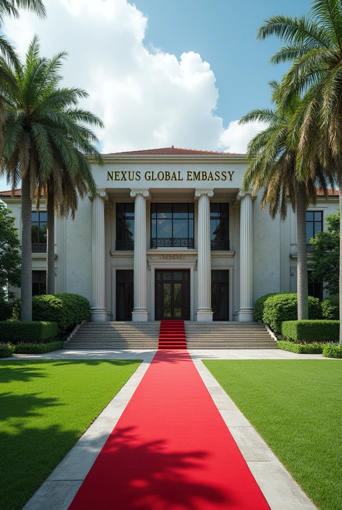 A wonderful and luxurious building, it's on it's own with large compound with trees and Grass with Singaporean architecture and the words Nexus Global Embassy fully exposed on the building separate concrete with red carpet on the entrance with a good full view and angle .Expose the words Nexus Global Embassy on the concrete fully I can't see the words and the driveway the spelling is wrong