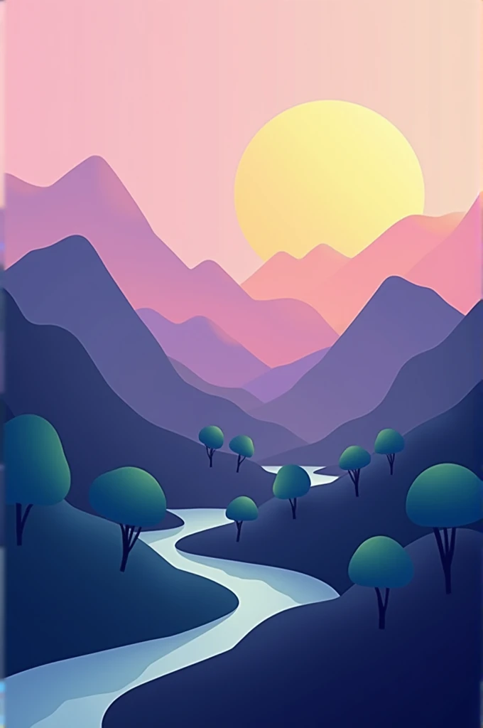 "Create a vector gradient design in the style of Adobe Illustrator, featuring an abstract landscape with geometric shapes. Use sharp, clean lines and smooth gradient transitions. The mountains should have a layered gradient effect, transitioning from deep indigo at the base to soft violet at the peaks. The sky should have a radial gradient, starting with a bright yellow center that fades into a soft pastel pink towards the edges. Include stylized trees with gradient-filled leaves, transitioning from dark green at the roots to light green at the tips. The design should have a modern, minimalistic feel with precise, clean gradients typical of Adobe Illustrator’s vector art."